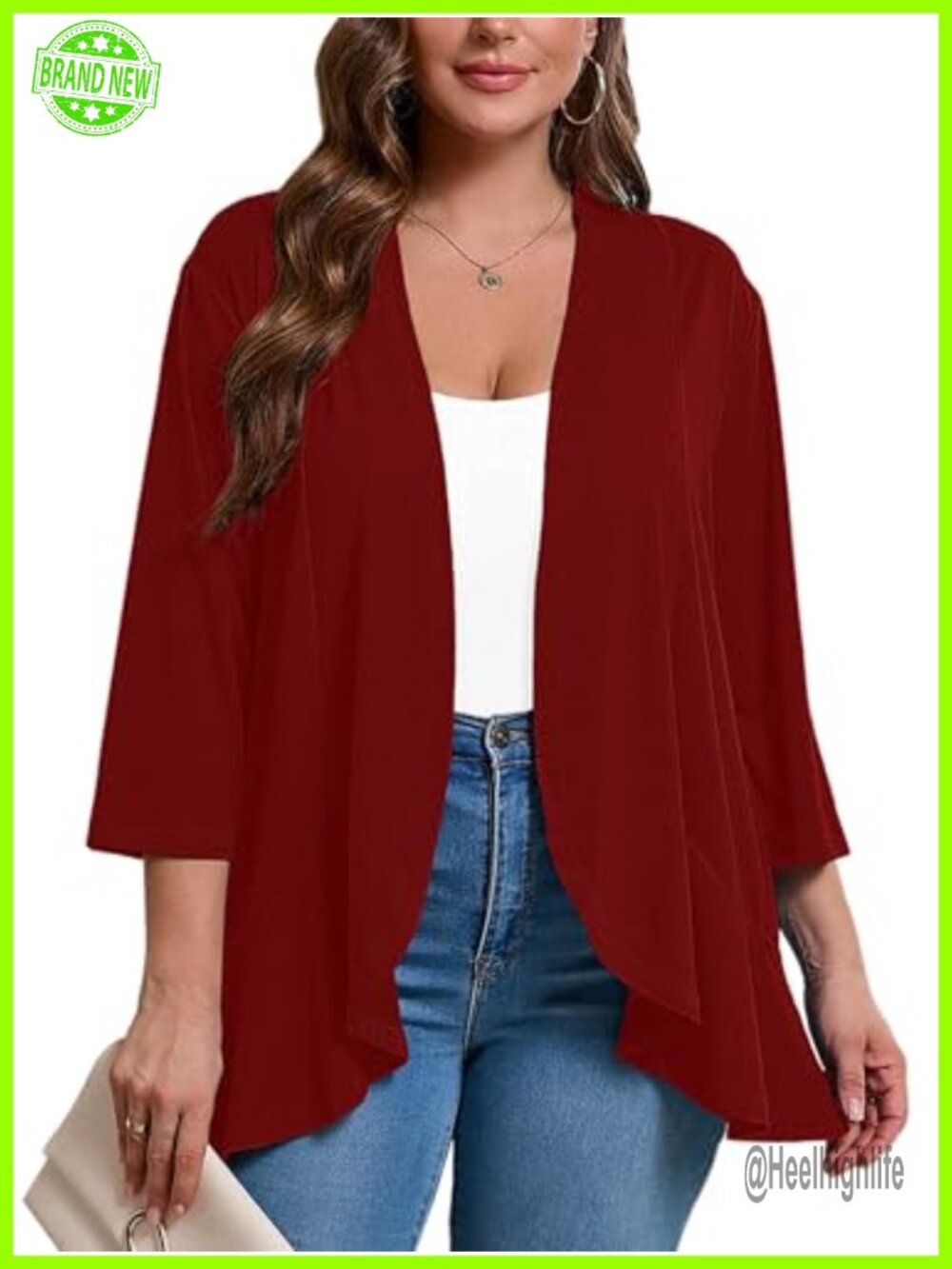 Plus Size 3/4 Sleeve Open Front Cardigan Ruffle Hem Lightweight Summer Shrug